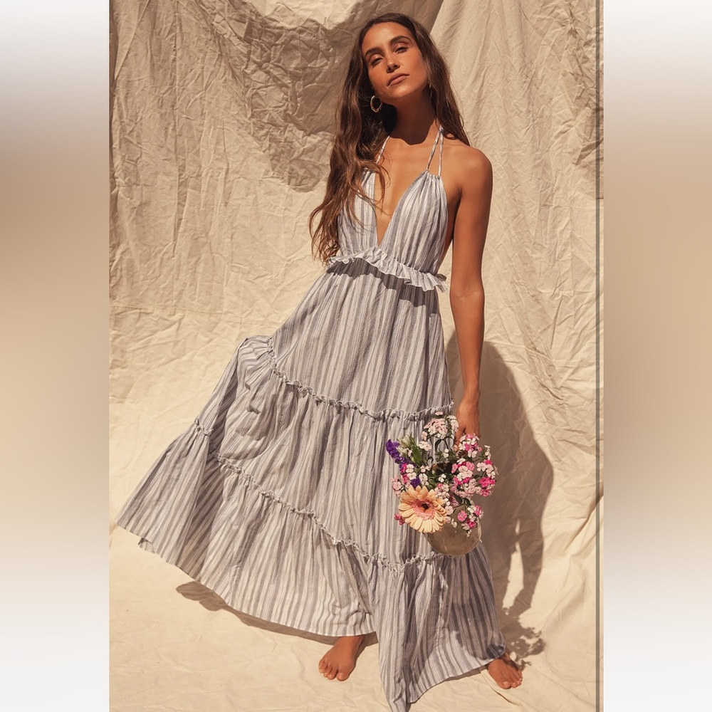 Vacay Babe Grey Striped Halter Maxi Dress